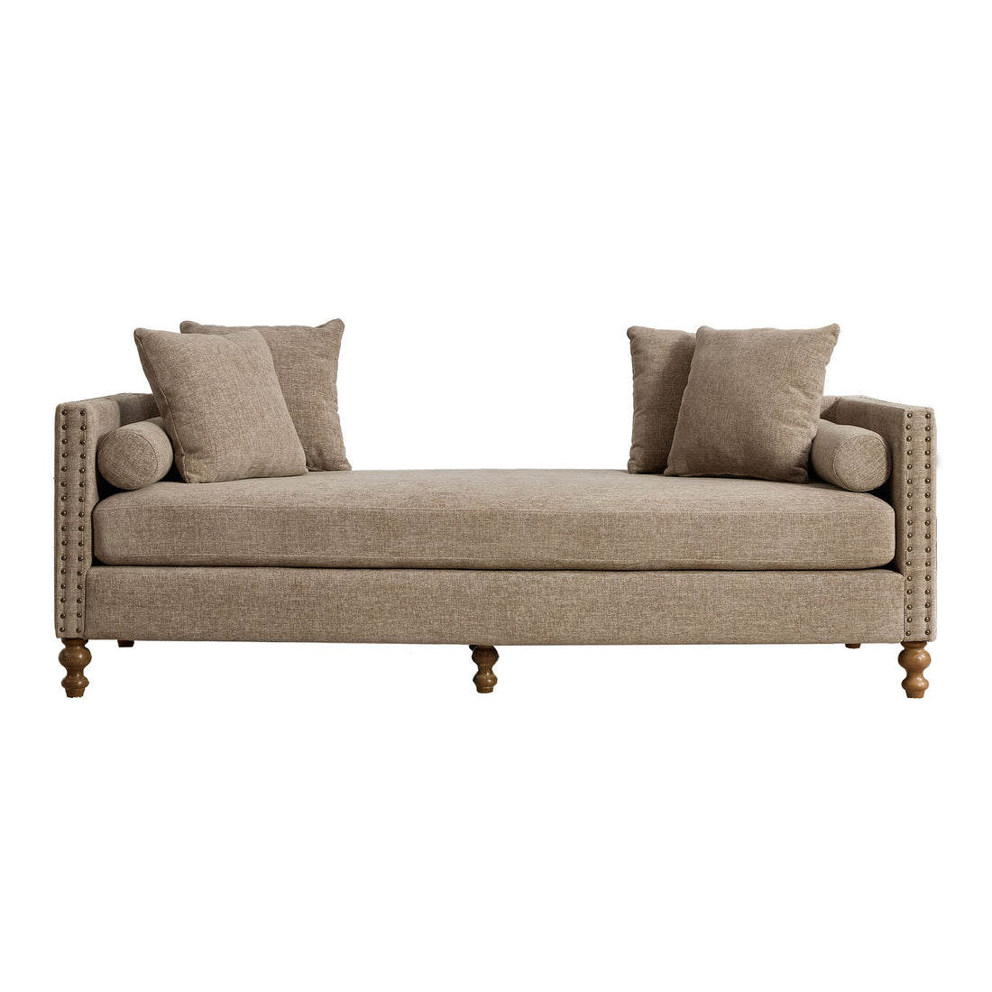 Upholstered Chaise Lounge Indoor With Nailheads, Sleeper Sofa Couch With 4 Throw Pillows &amp; 2 Bolsters, Daybed With Rubberwood Legs