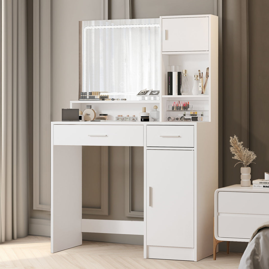 Vanity Desk With Mirror And LED Light Strip, Dressing Table With Large Drawer, 3 Level Storage Dresser &amp; 3 Lighting Modes Adjustable Brightness, Suitable For Bedroom
