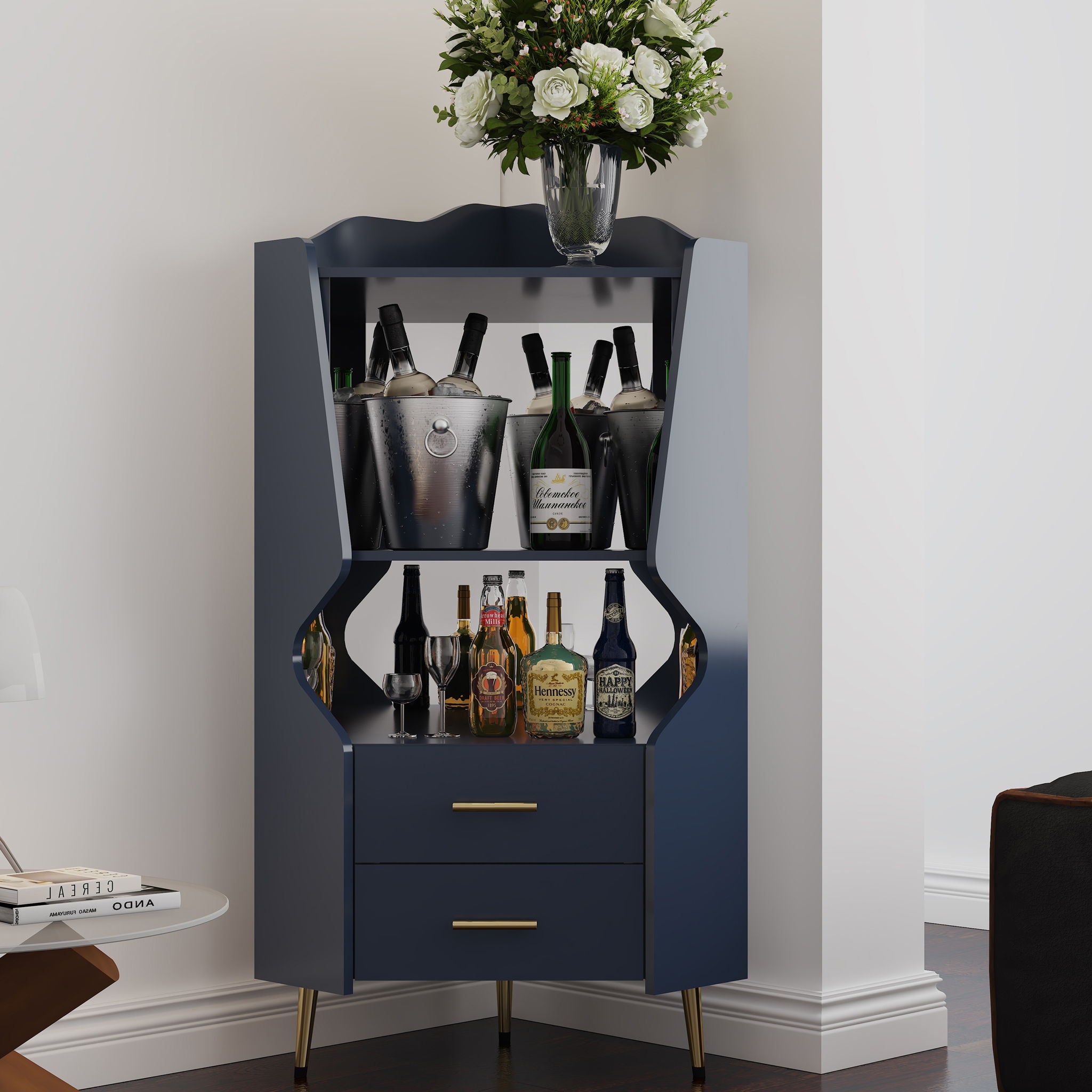 Corner Bar Cabinet With Mirrored Back, 2 Open Shelves &amp; 2 Drawers, High Legs For Easy Cleaning