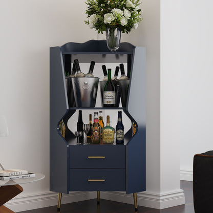 Corner Bar Cabinet With Mirrored Back, 2 Open Shelves &amp; 2 Drawers, High Legs For Easy Cleaning