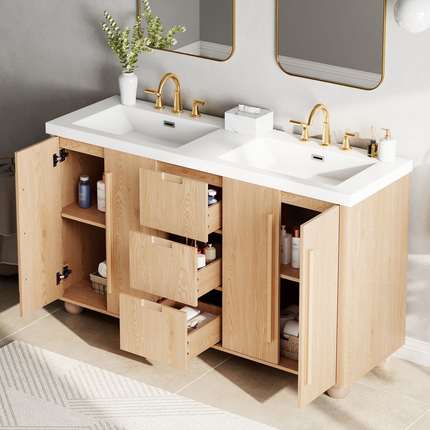Double Sink Bathroom Vanity With Sinks, Soft Close Doors &amp; 3 Drawers - Wood
