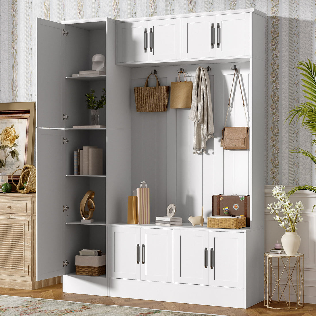 Tall Hall Tree With Shoe Storage, 4 In 1 Entryway Bench With 6 Cabinets, 4 Coat Hooks &amp; Adjustable Shelf For Hallway - White