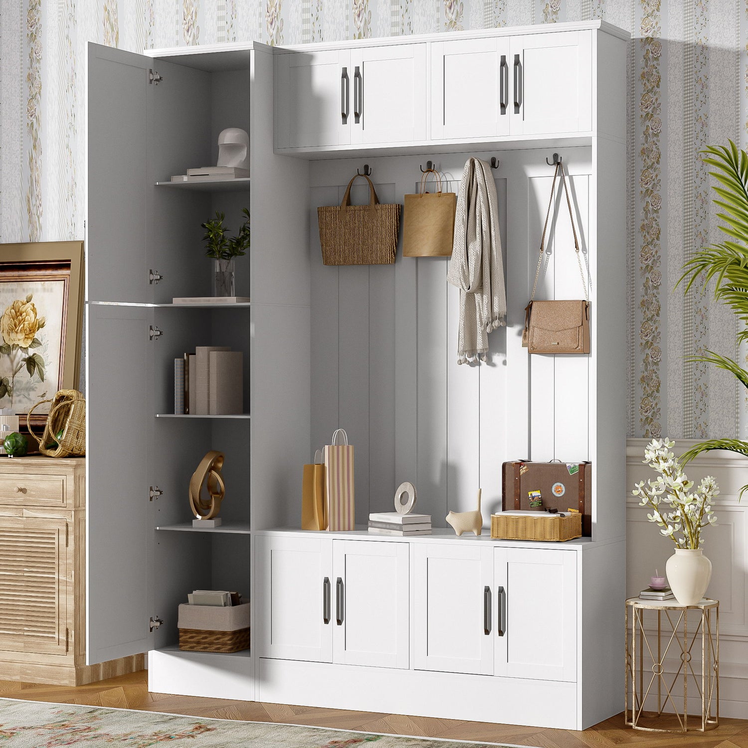 Tall Hall Tree With Shoe Storage, 4 In 1 Entryway Bench With 6 Cabinets, 4 Coat Hooks &amp; Adjustable Shelf For Hallway - White