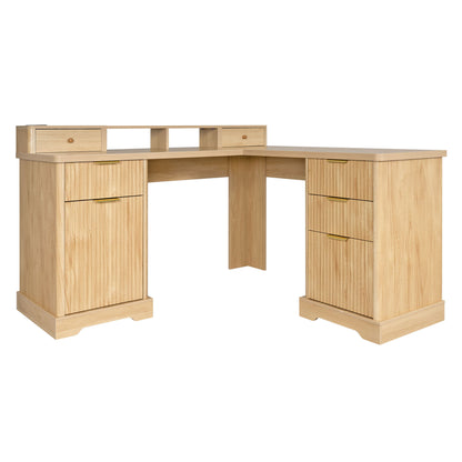 Fluted L-Shaped Desk With Charging Station &amp; Storage Cabinet