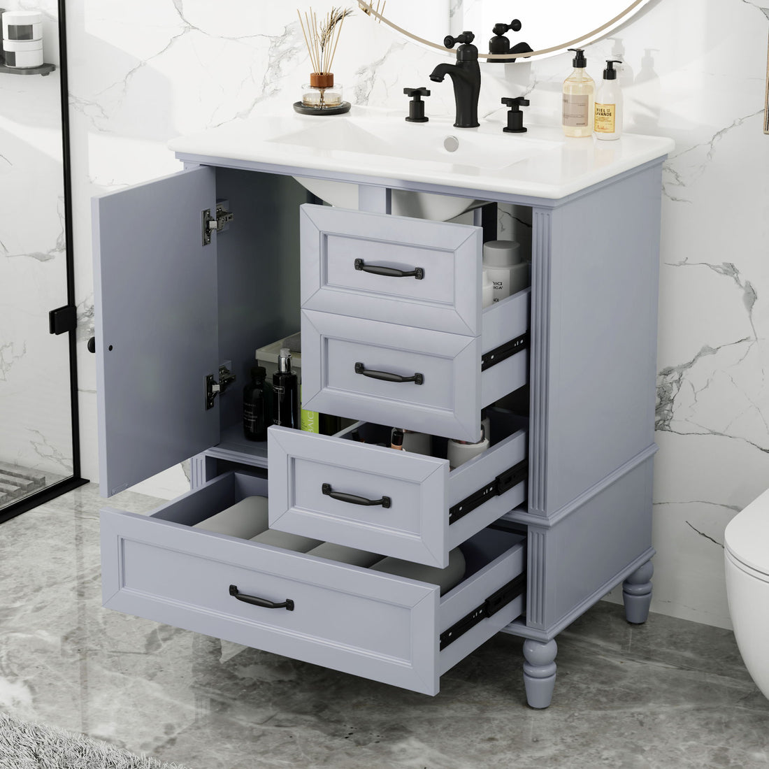 30&quot; Bathroom Vanity With Sink, Bathroom Cabinet With A Door, 3 Drawers Legs, Adiustable Foot Pads - Gray