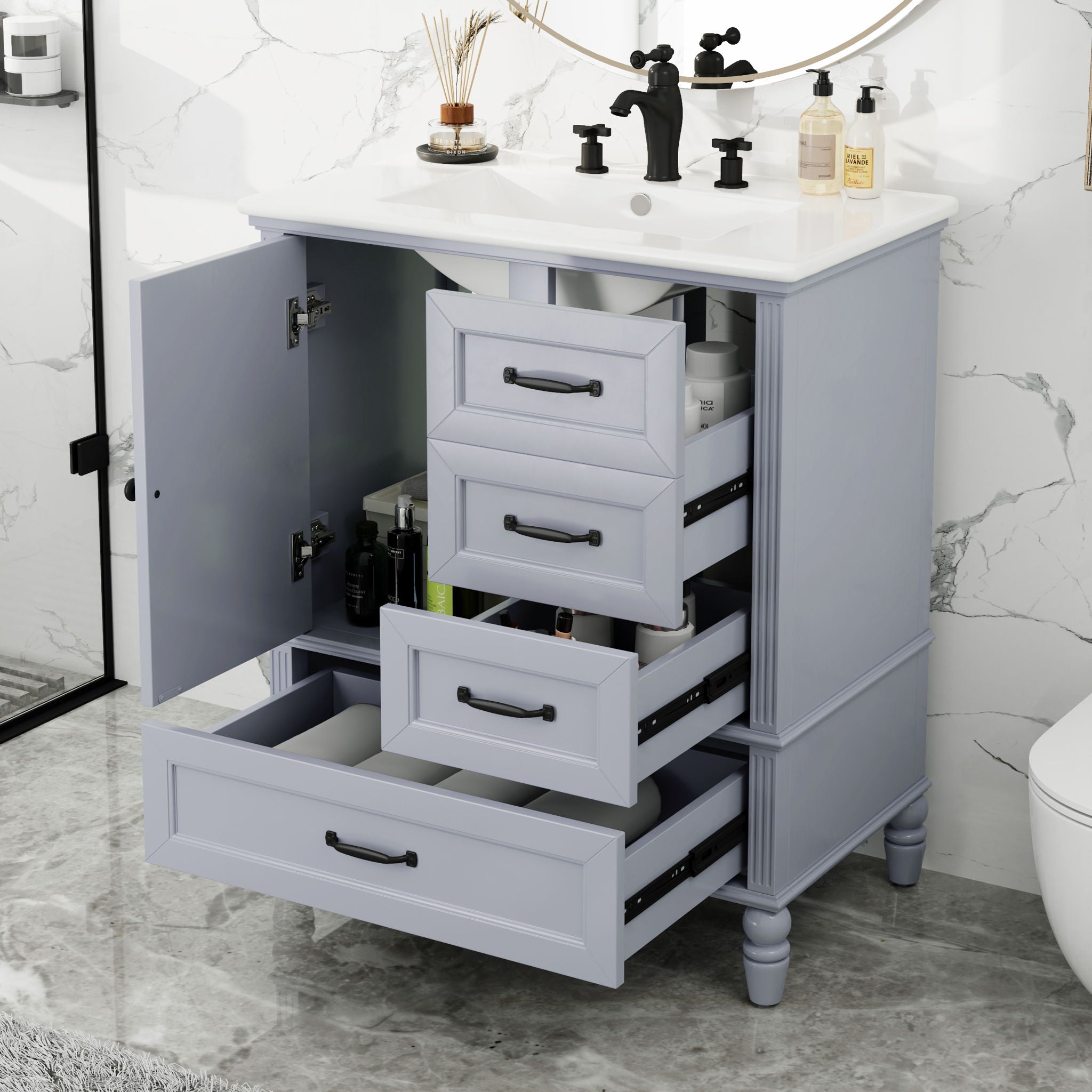 30&quot; Bathroom Vanity With Sink, Bathroom Cabinet With A Door, 3 Drawers Legs, Adiustable Foot Pads - Gray