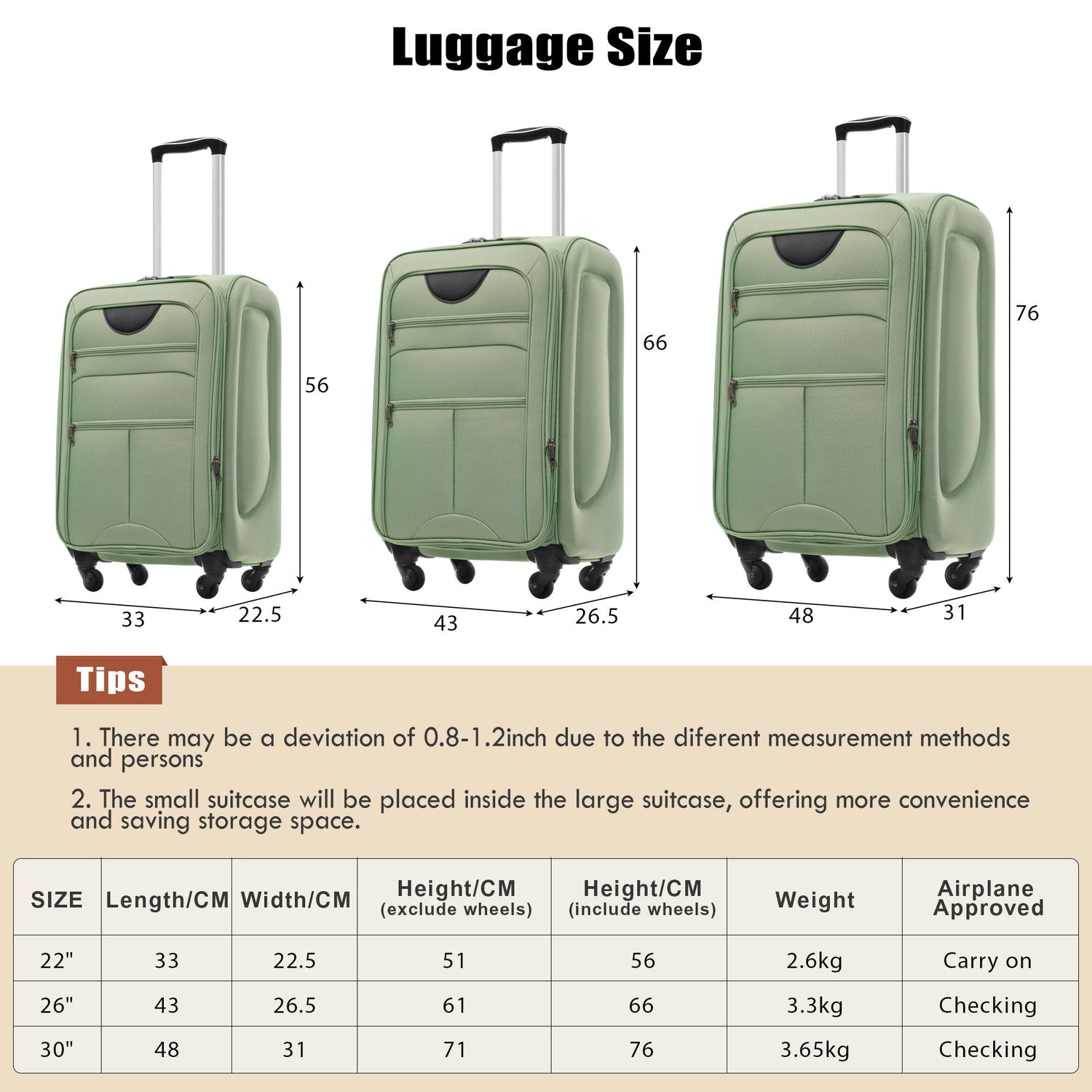 Softside Luggage Expandable 3 Piece Set Upright Spinner Lightweight Suitcase