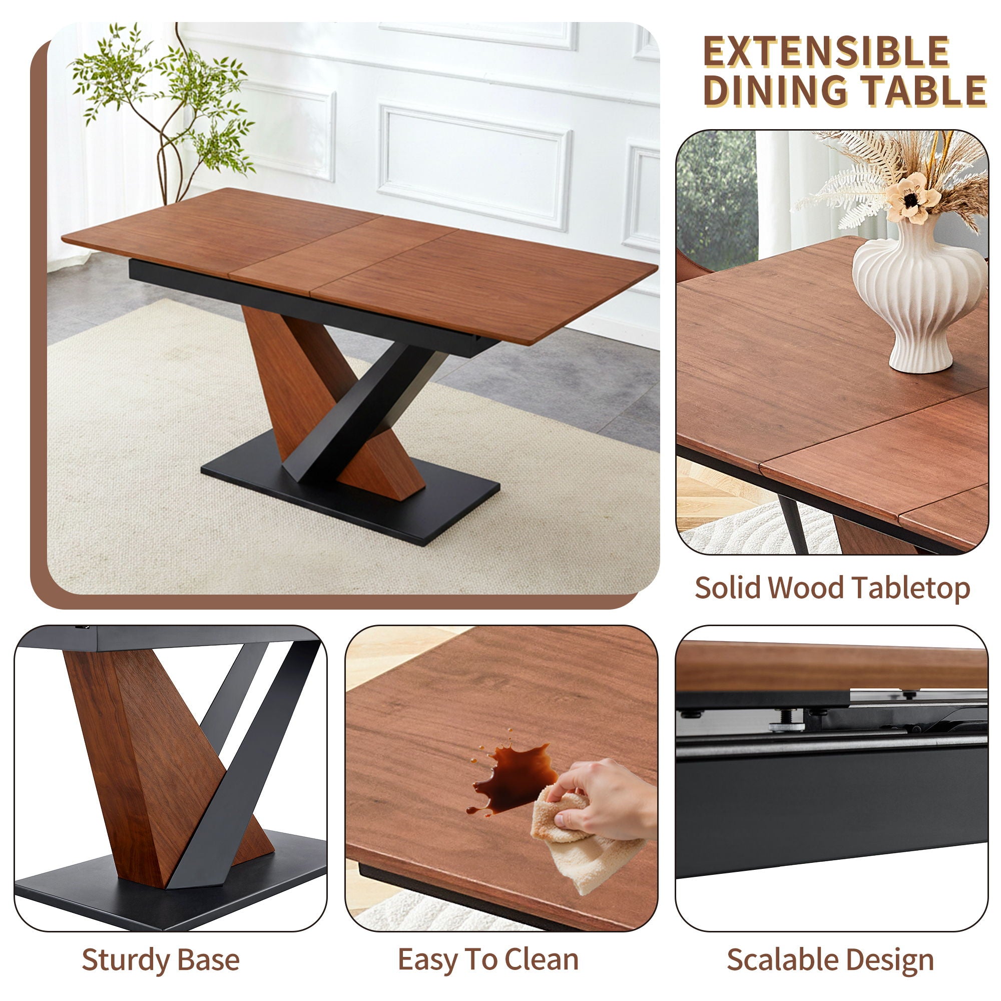 Dining Table, Scratch Resistant, Cross Geometric Legs For Kitchen &amp; Dining Room - Dark Walnut