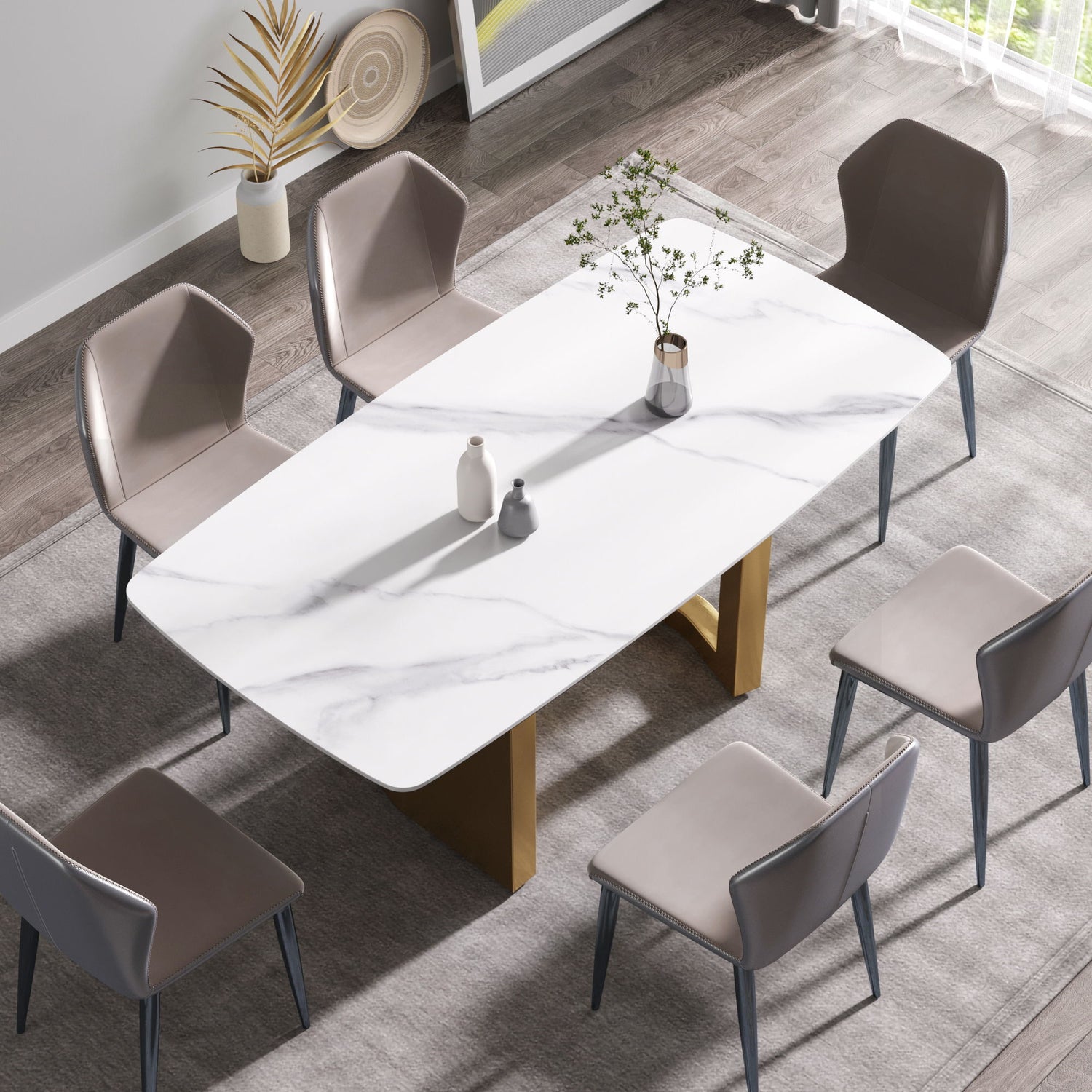 70.87&quot; Modern Artificial Stone White Curved Metal Leg Dining Table - White / Gold