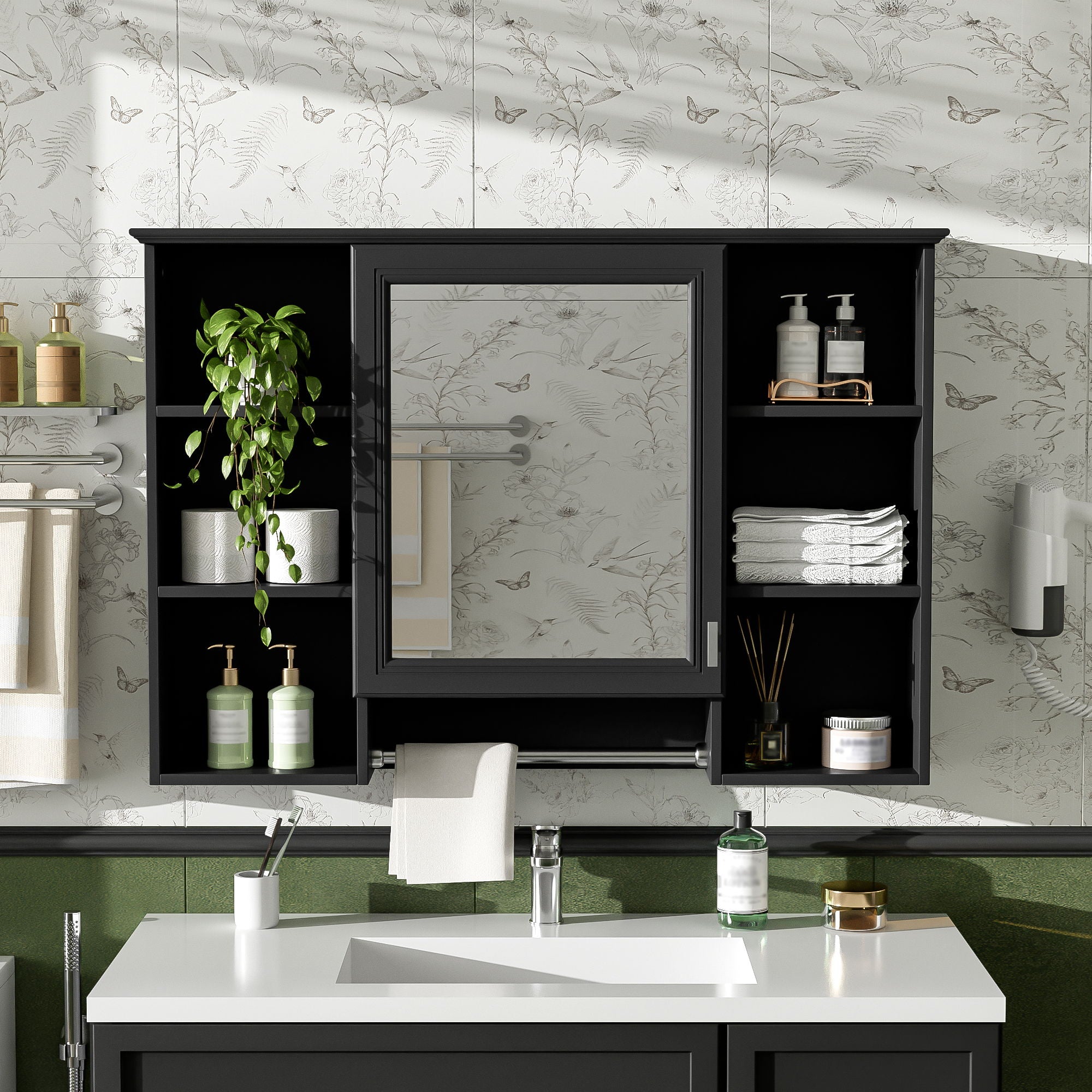 3 In 1 Modern Bathroom Mirror Cabinet With Adjustable Shelf, Soft Close Door, High Definition Mirror &amp; Towel Bar