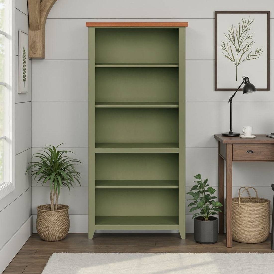 Vineyard - 72&quot; High 5 Shelf Bookcase - Sage Green And Fruitwood