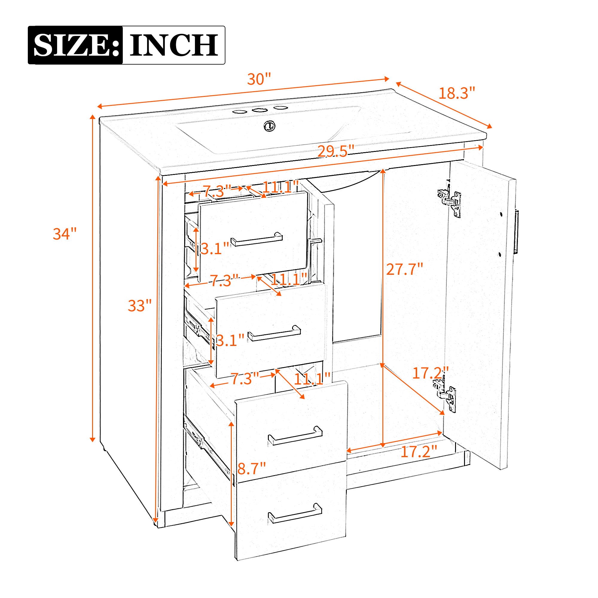 Ceramic Sink Combo, Freestanding Vanity Set With 3 Drawers &amp; Soft Closing Doors