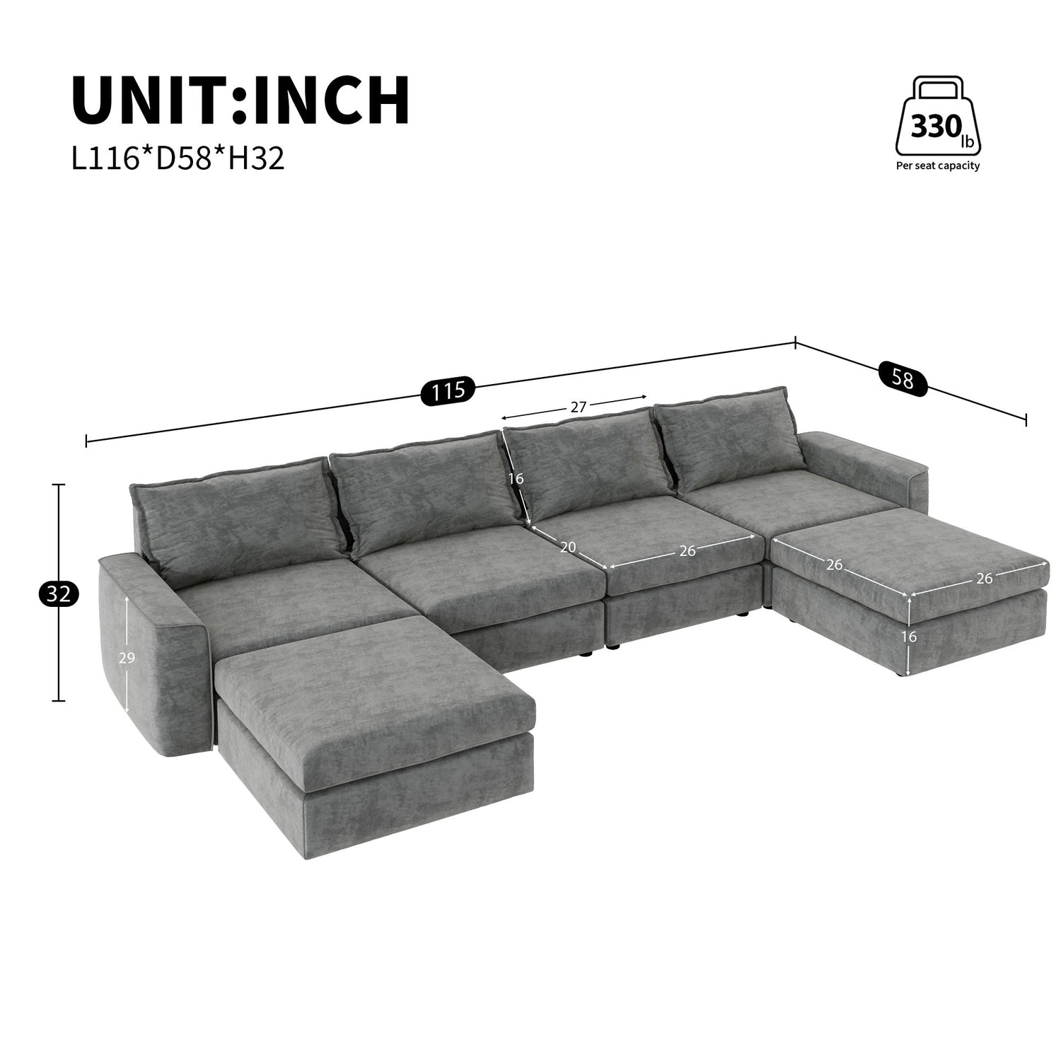 Chenille Modular Sectional Sofa, U Shaped Reversible Couch, Free Combination, 6 Seat Sleeper Sofa Bed With Ottoman, Convertible Oversized Indoor Furniture - Gray