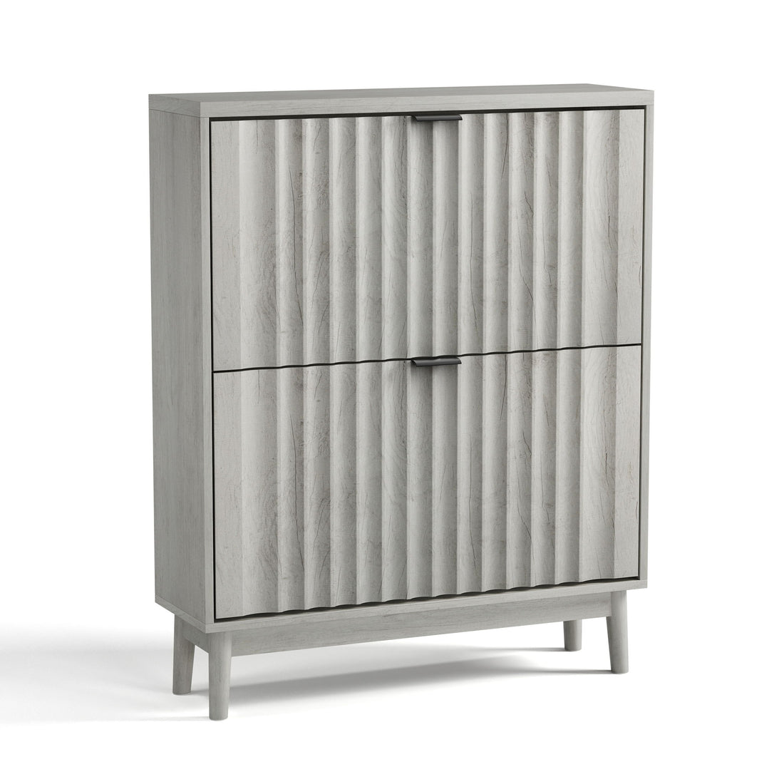 Shoe Cabinet With 2 Flip Drawers, Fluted Shoe Storage Cabinet For Entryway, Free Standing Shoe Storage Organizer With Wave Doors For Heels, Boots, Slippers In Hallway, Living Room - Gray