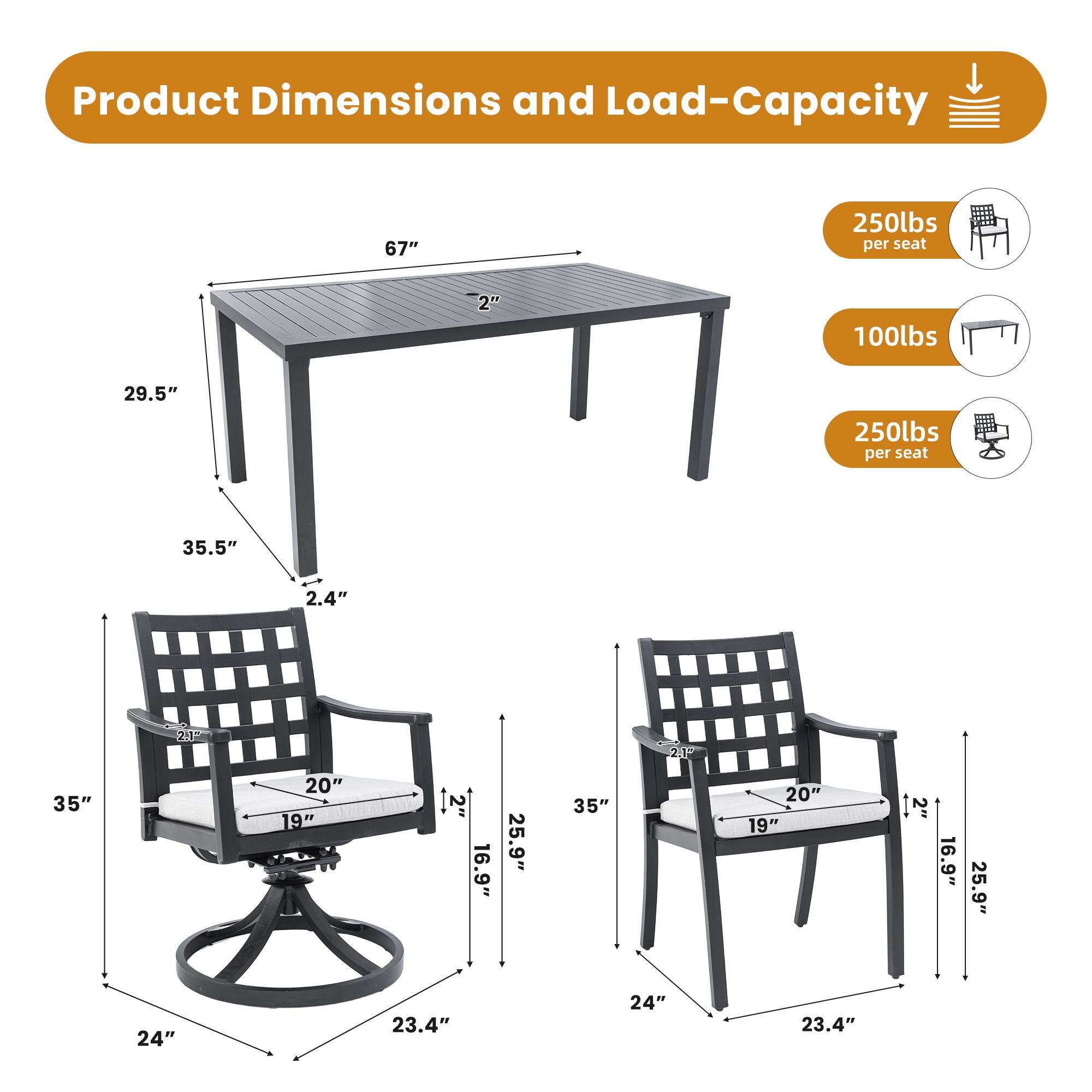 Modern Classic Outdoor Patio Dining Set, Rectangular Table &amp; Dining Chairs, Rust Free, Weather Resistant
