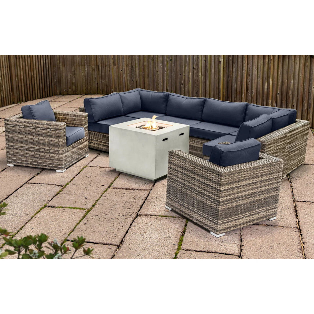 Premium 6 Person Wicker Patio Seating Group With Deep Cushions And Concrete Fire Pit - Gray Mix