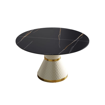 53.15&quot; Modern Artificial Stone Round Carbon Steel Base Dining Table, Can Accommodate 6 People - Black / White