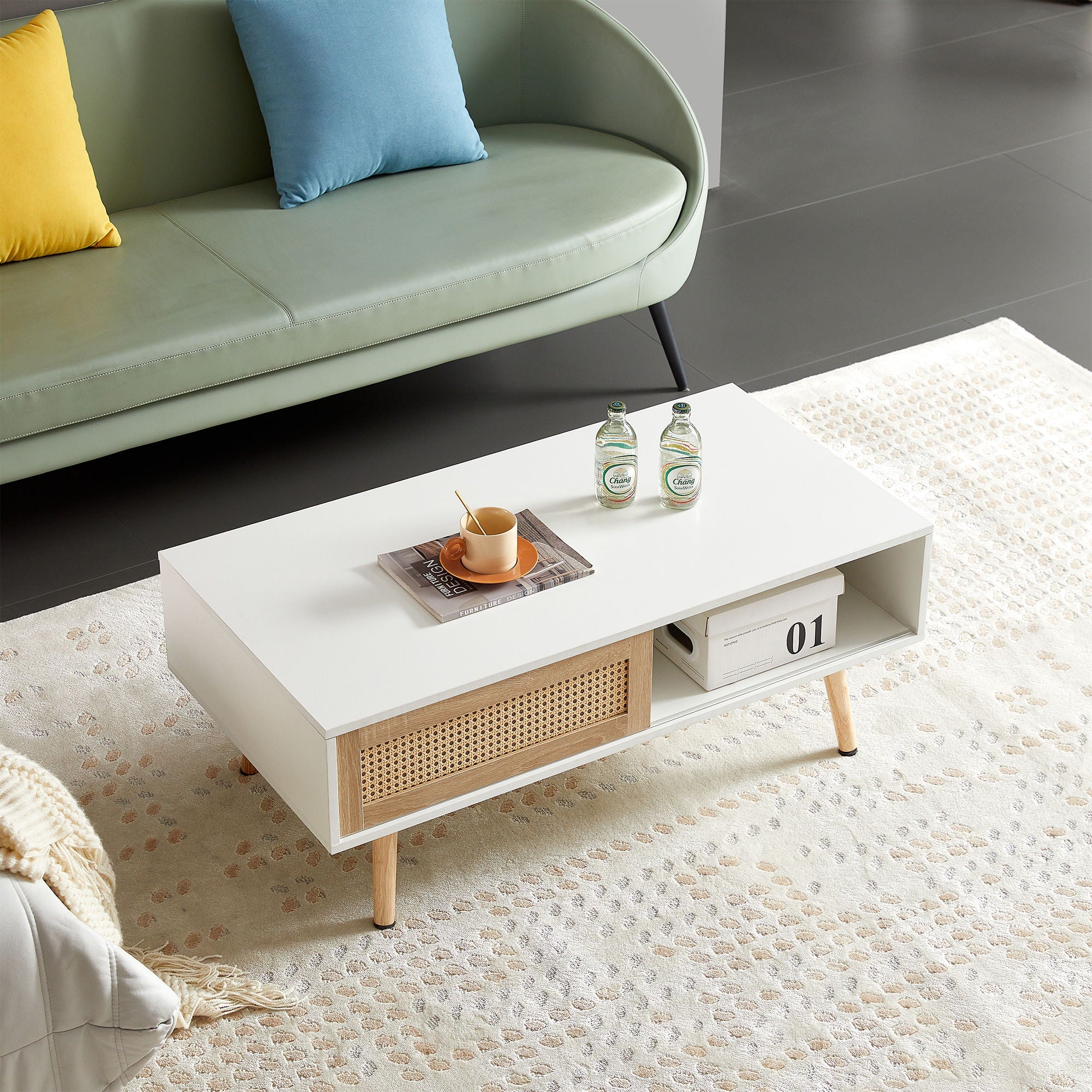 41.34&quot; Rattan Coffee Table, Sliding Door For Storage, Solid Wood Legs, Modern Table For Living Room