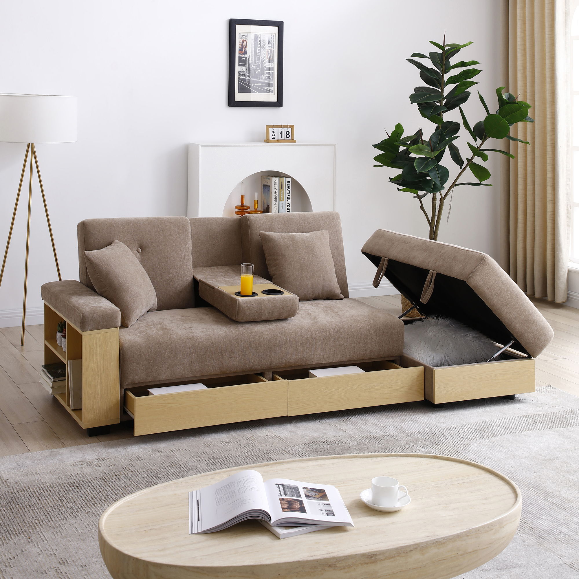 Convertible Sleeper Sofa Couch, Multifunctional Double Folding Sofa Bed, Storage Ottoman And Sofa Arm With Box And Drawer, Drop Down Table With 2Cup Holders For Living Room, Apartment, Office - Light Brown
