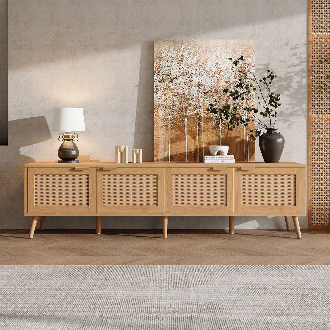 TV Stand With Storage &amp; Cable Holes - Natural Wood