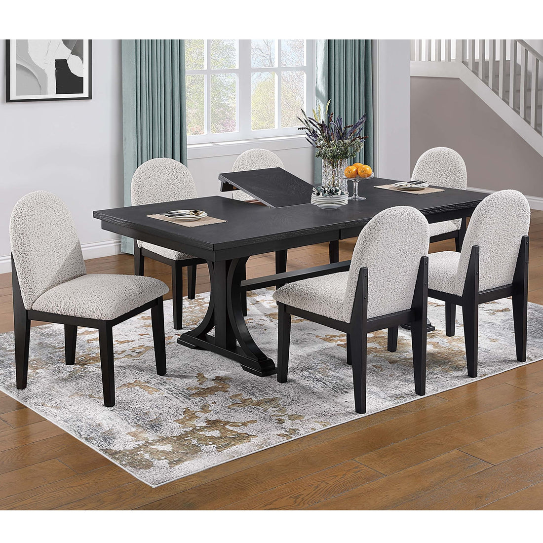7 Piece Dining Set, Table And 6 Side Chairs, Table With Trestle Base - Black / Charcoal / White