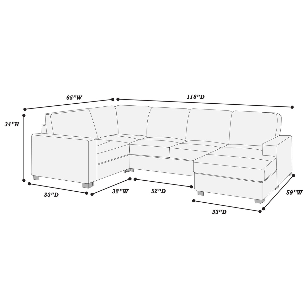 Sectional With RAF Chaise, Armless Loveseat &amp; LAF 1 Arm Chair