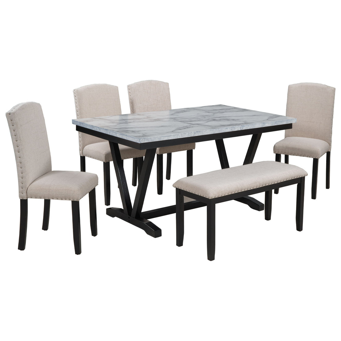 6 Piece Dining Table Modern Style With 4 Chairs &amp; 1 Bench, Table With Marbled Veneers Tabletop And V-Shaped Table Legs - White