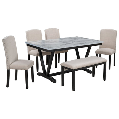 6 Piece Dining Table Modern Style With 4 Chairs &amp; 1 Bench, Table With Marbled Veneers Tabletop And V-Shaped Table Legs - White