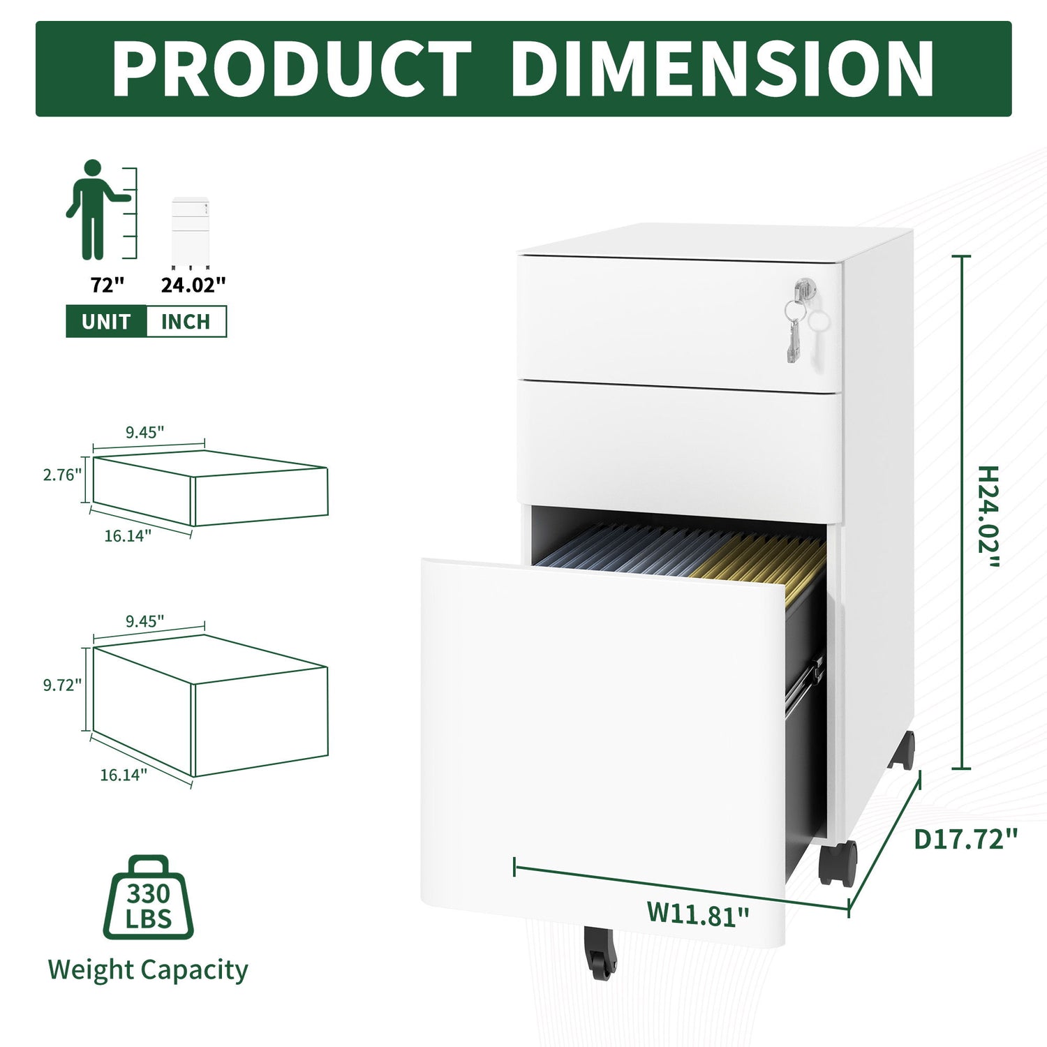 3-Drawer Mobile File Cabinet With Lock, On Wheels, Two Shallow &amp; One Deep Drawer For Office/Home, Fully Assembled - White