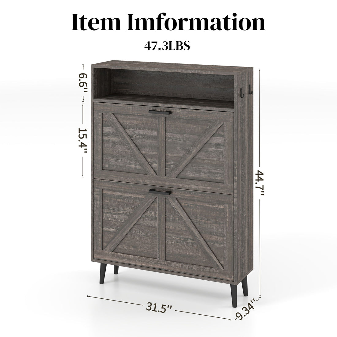 Farmhouse Shoe Storage Cabinet With Barn Door Design, 2 Flip Drawers, Hooks - Dark Oak