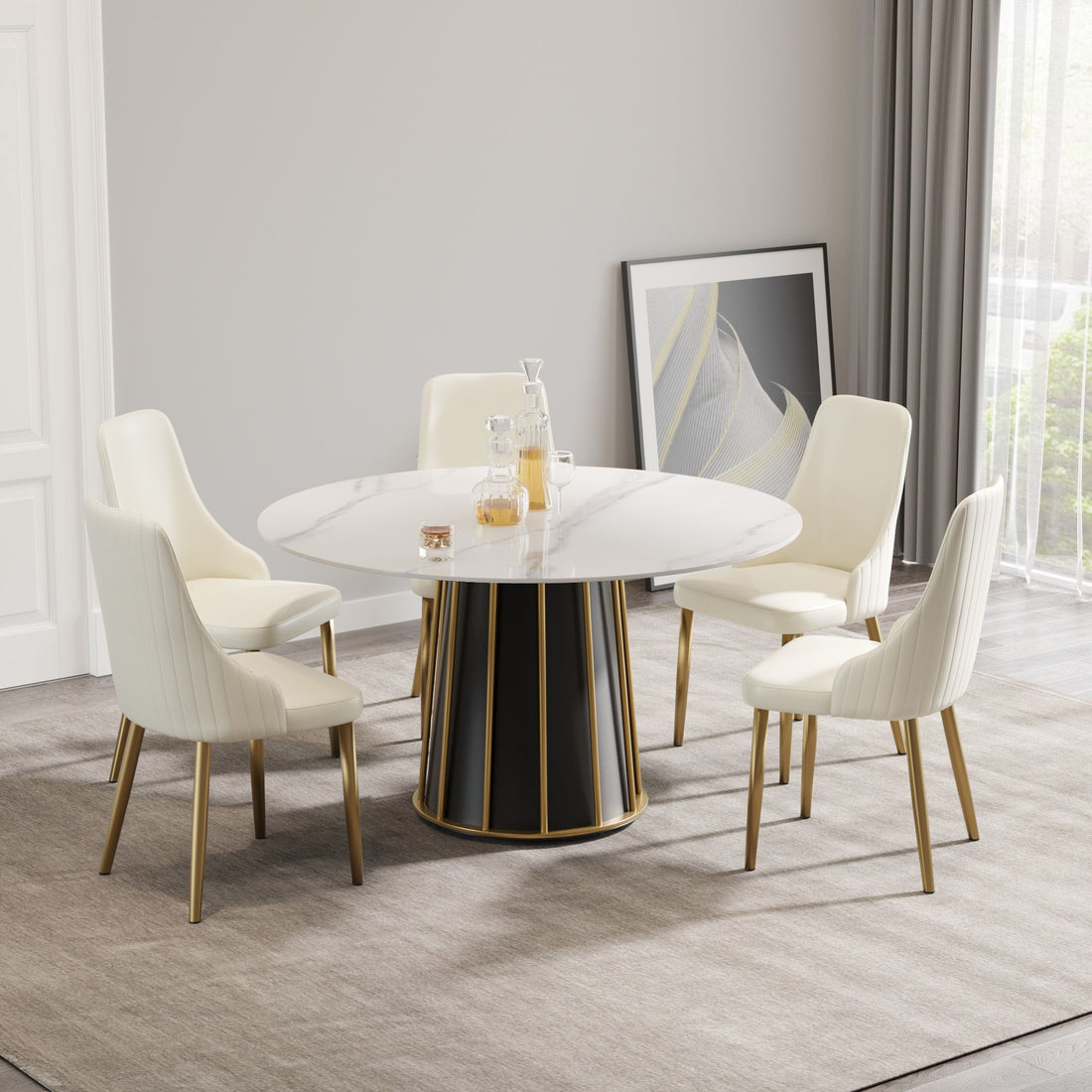 53.15&quot; Modern Artificial Stone Round Panel Metal Iron Base Dining Table, Can Accommodate 6 People, (Not Including Chairs) - White / Black