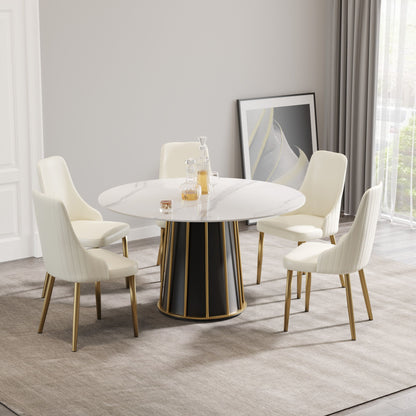 53.15&quot; Modern Artificial Stone Round Panel Metal Iron Base Dining Table, Can Accommodate 6 People, (Not Including Chairs) - White / Black