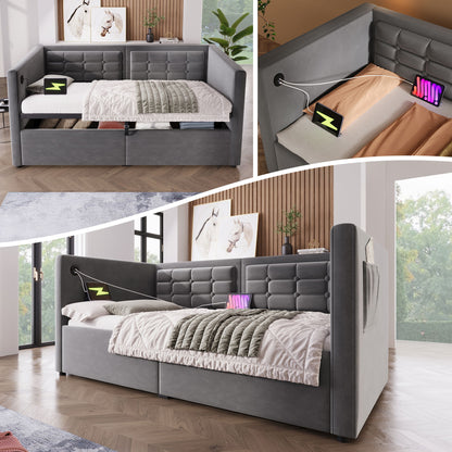 Upholstered Hydraulic Storage Daybed With USB &amp; Type C Charging