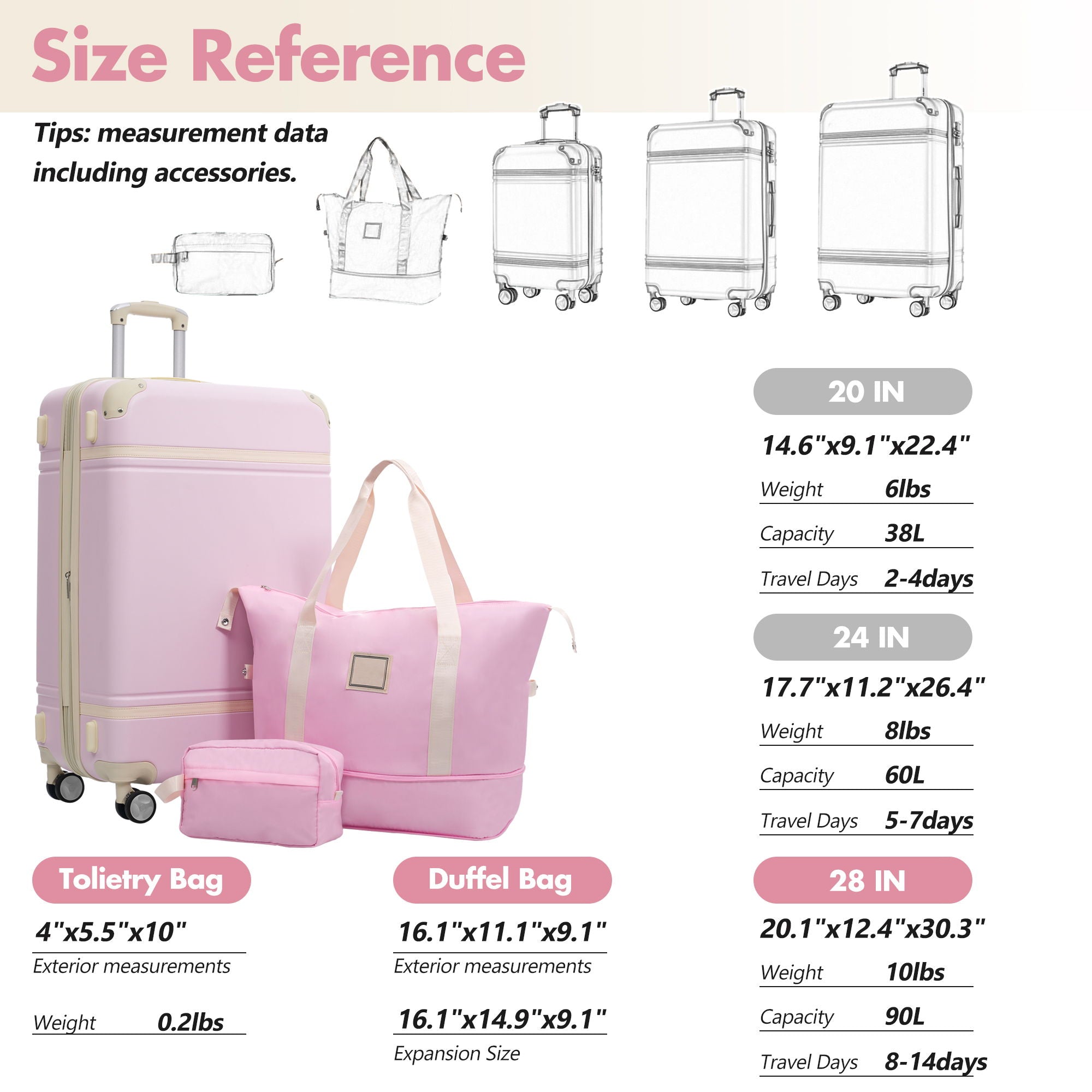 Hardshell Luggage Set With Double Spinner Wheels, Tsa Lock, Lightweight Suitcase, 28" With Bags - Light Pink