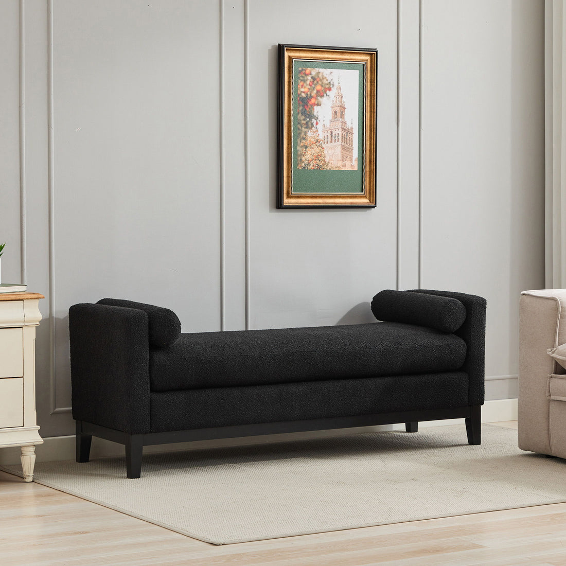 Elegant Upholstered Bench, Daybed, Ottoman With Wood Legs &amp; 2 Bolster Pillows - Black Boucle