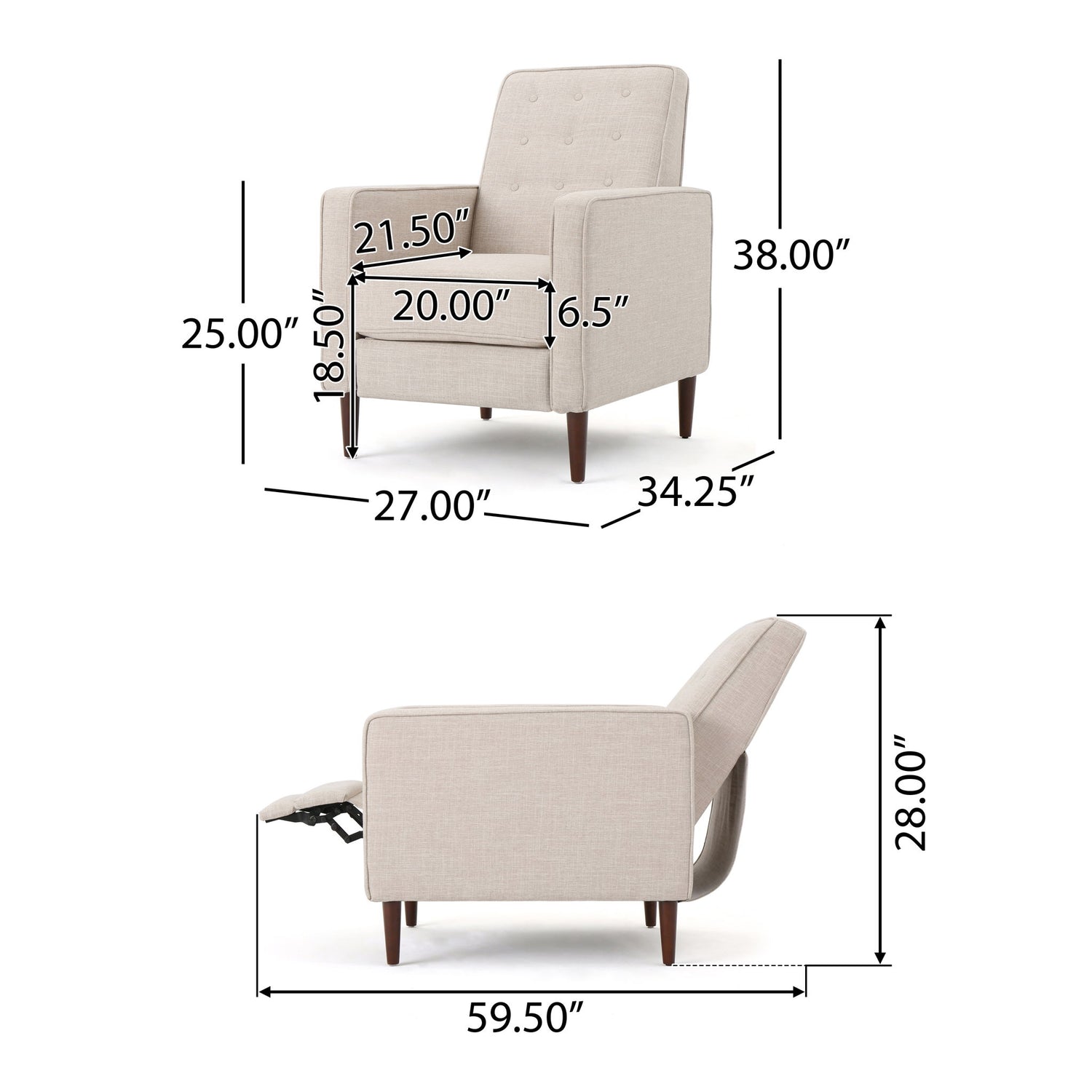 Mid-Century Modern Recliner With Button Tufted Waffle Stitch