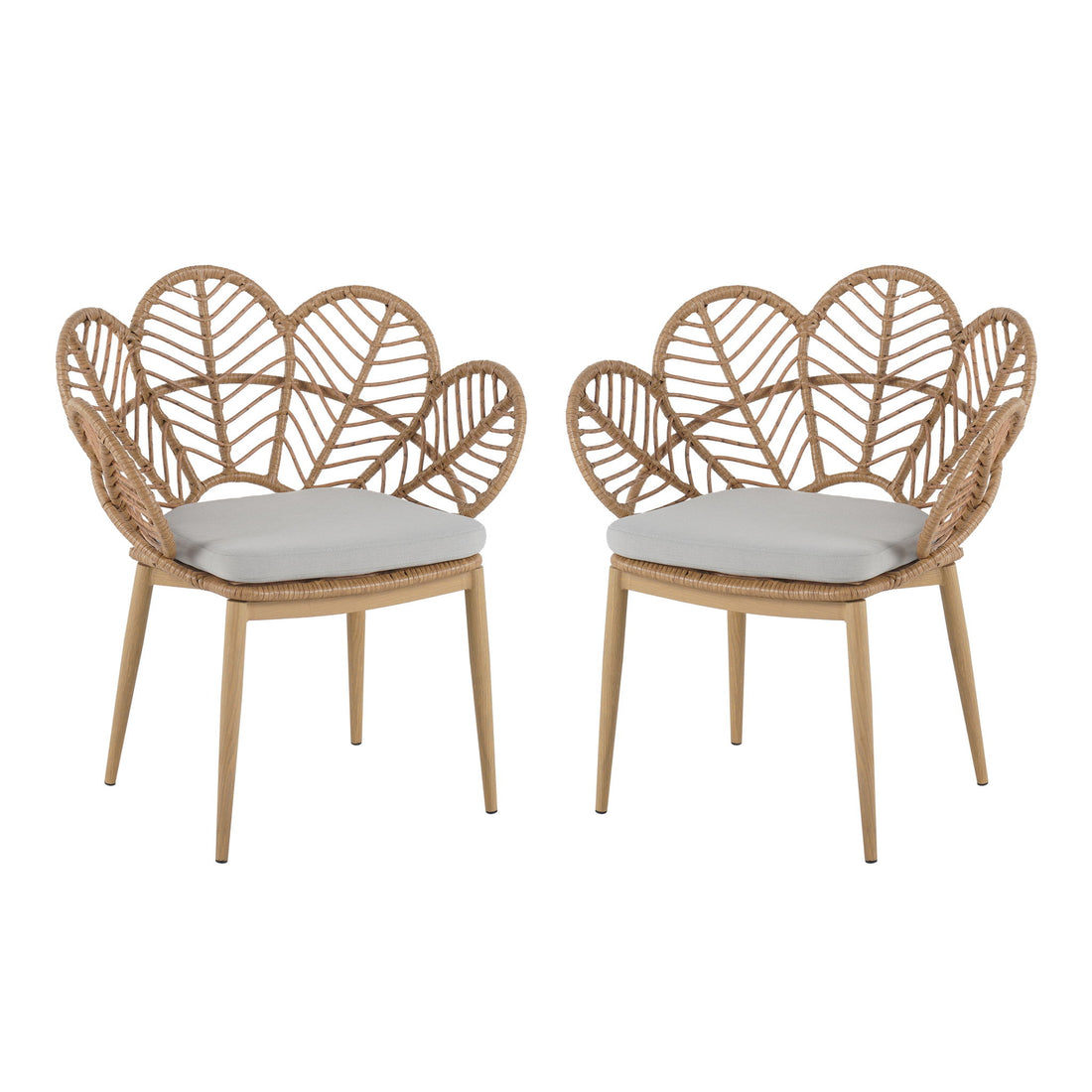 Kirk - Outdoor Wicker Peacock Shape Papasan Style Chair, Teak Finished Leg (Set of 2) - Beige / Light Brown / Light Teak