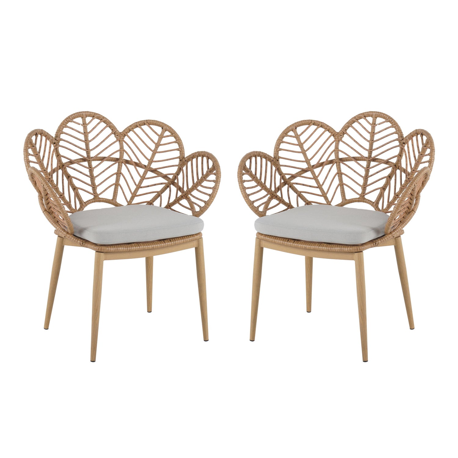 Kirk - Outdoor Wicker Peacock Shape Papasan Style Chair, Teak Finished Leg (Set of 2) - Beige / Light Brown / Light Teak