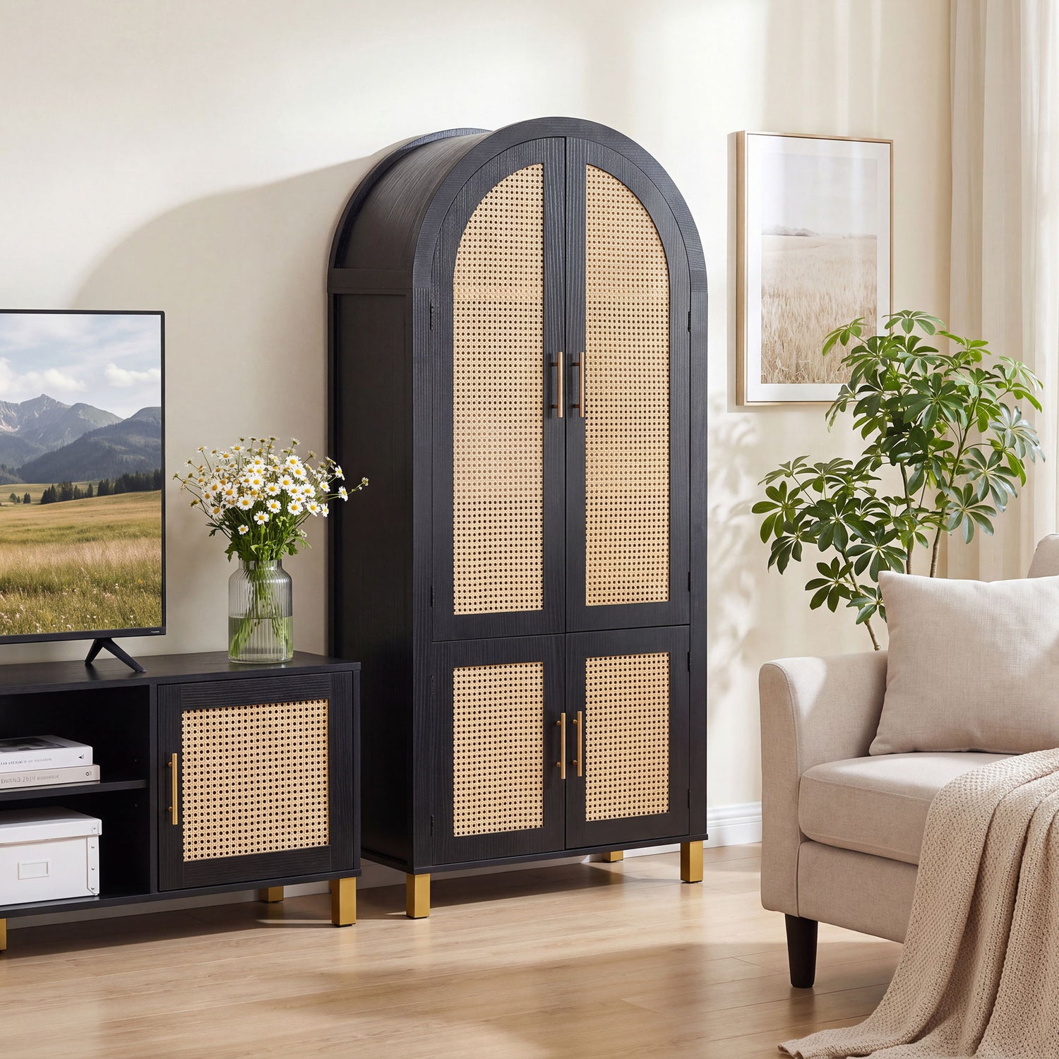 Tall Arched Cabinet With Rattan Doors &amp; Adjustable Shelves