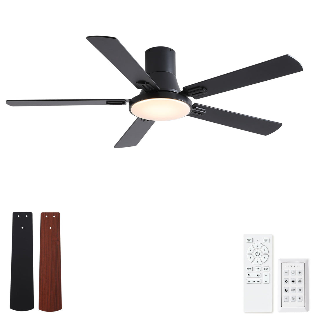 Flush Mount Ceiling Fans With LED Light And Remote Control, 5 Blades