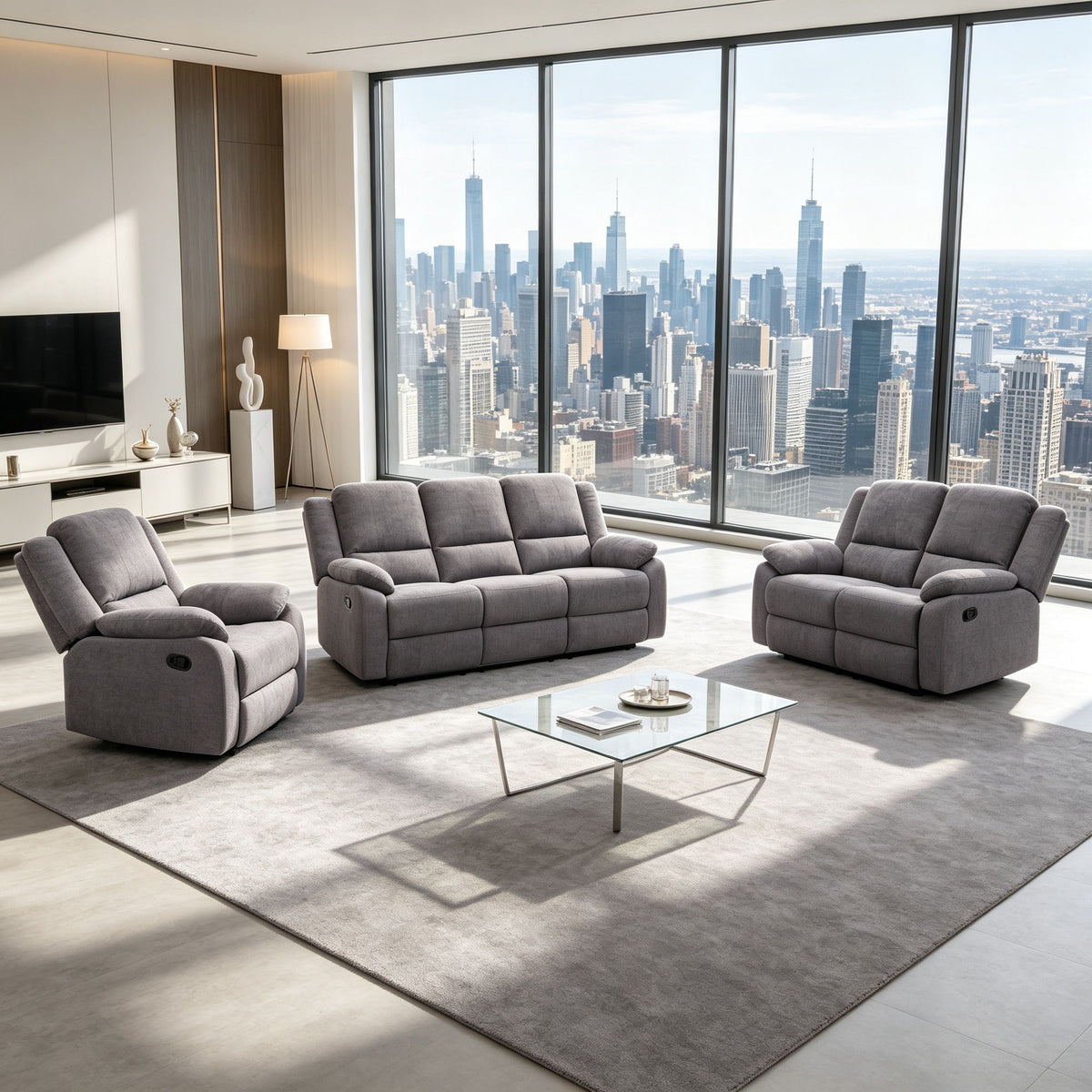 3 Piece Reclining Sofa Set With 150° Deep Recline, 3 Seat Couch, Loveseat &amp; Single Recliner - Gray