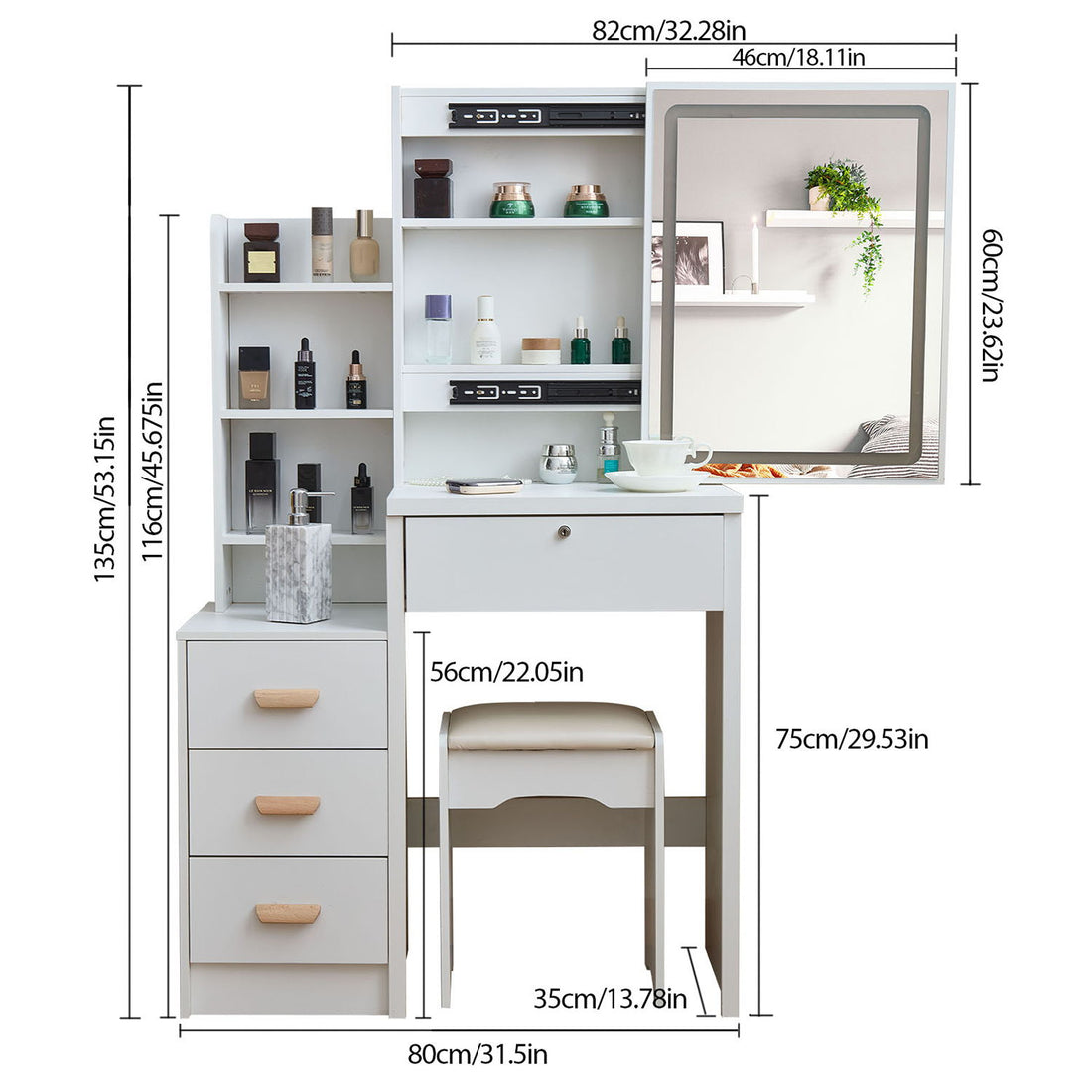 Vanity Set With LED Mirror, Storage Dressing Table &amp; Cushioned Stool - Cream White