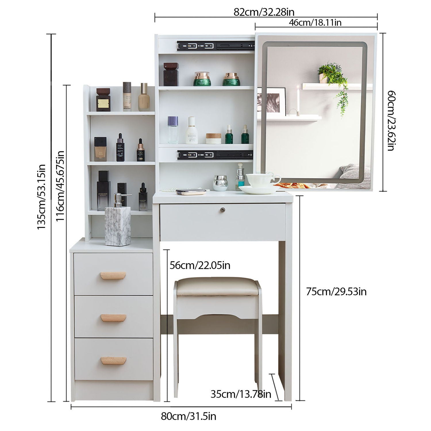 Vanity Set With LED Mirror, Storage Dressing Table &amp; Cushioned Stool - Cream White