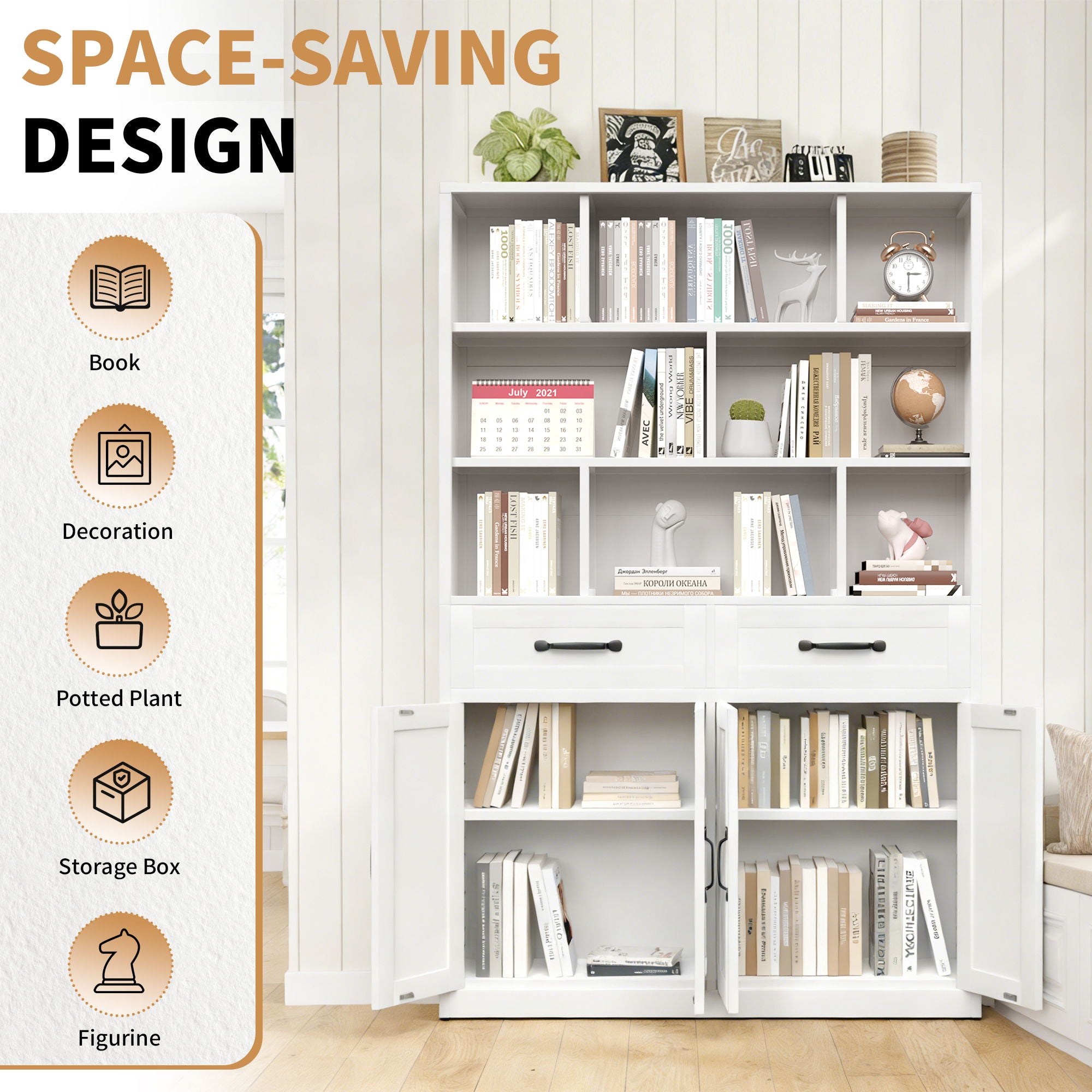 Bookcase Tall With 2 Doors &amp; 2 Drawers, Fixed Open Shelves - White