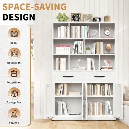 Bookcase Tall With 2 Doors &amp; 2 Drawers, Fixed Open Shelves - White