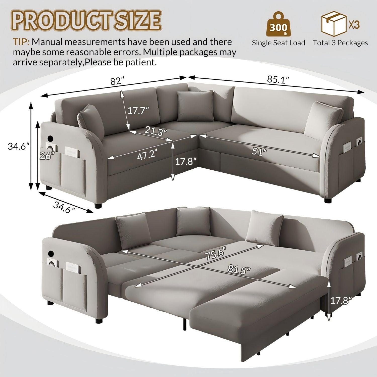 L-Shaped Couch With Pull-Out Bed, Oversize Convertible Sleeper Sofa With Side Pocket &amp; USB Port