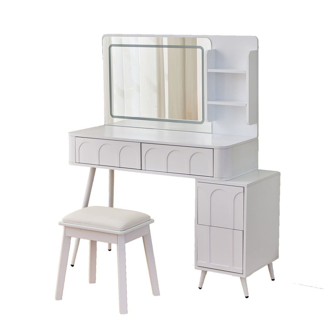 Modern Makeup Vanity Desk With LED Lights &amp; Mirror 4 Drawer Dressing Table Set Space Saving For Bedroom - White