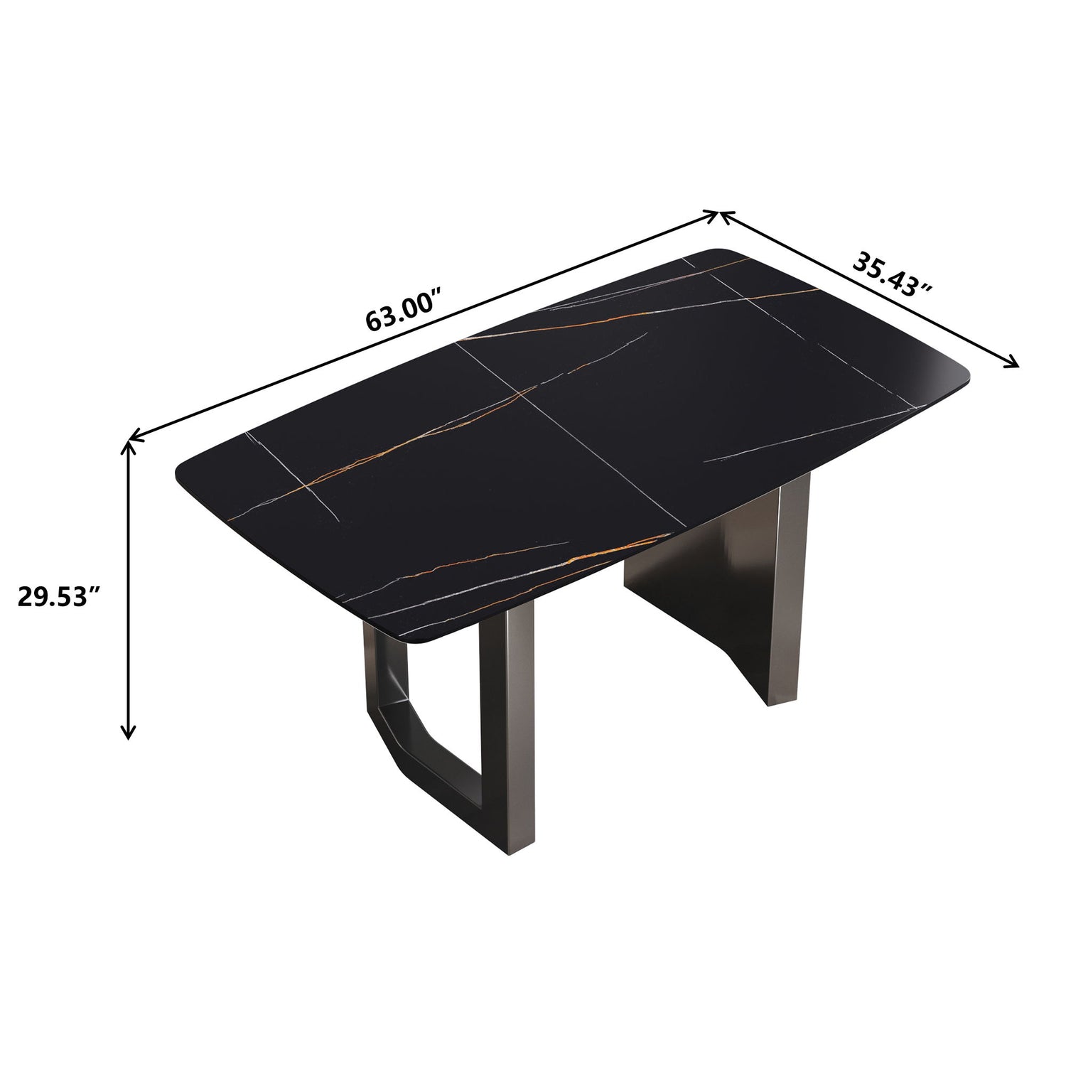 63&quot; Modern Artificial Stone Black Curved Black Metal Leg Dining Table, 6 People - Black