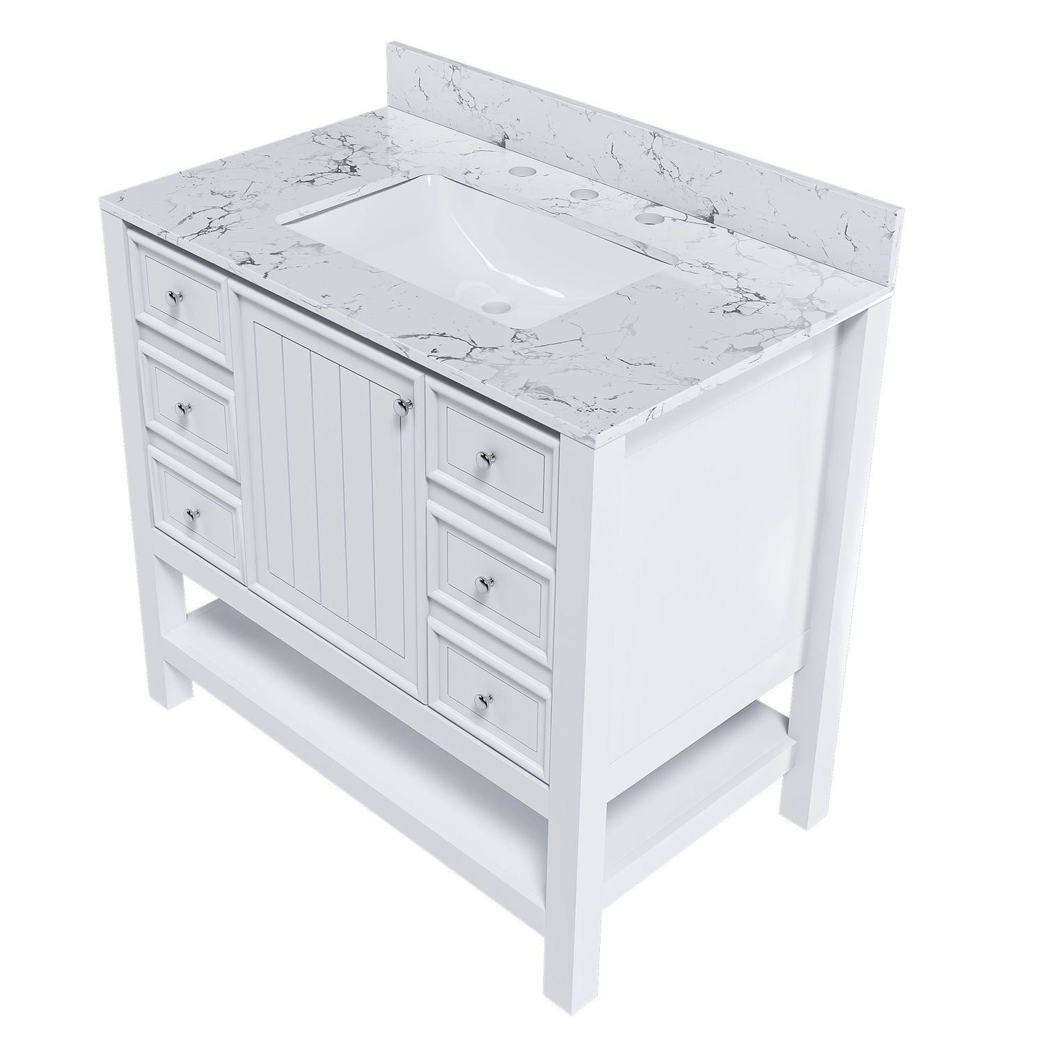 37&quot; Bathroom Vanity With Artificial Marble Carrara Top, Multi Functional Cabinet With Doors And Drawer - White