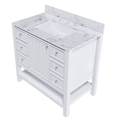 37&quot; Bathroom Vanity With Artificial Marble Carrara Top, Multi Functional Cabinet With Doors And Drawer - White